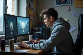 Jeune homme fatigué devant son PC gaming avec League of Legends ouvert, entouré de canettes et de notes, illustrant le temps perdu sur le jeu
