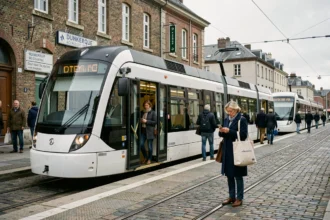Tramway moderne à l'arrêt dans une station urbaine de Dunkerque avec des passagers qui montent et descendent