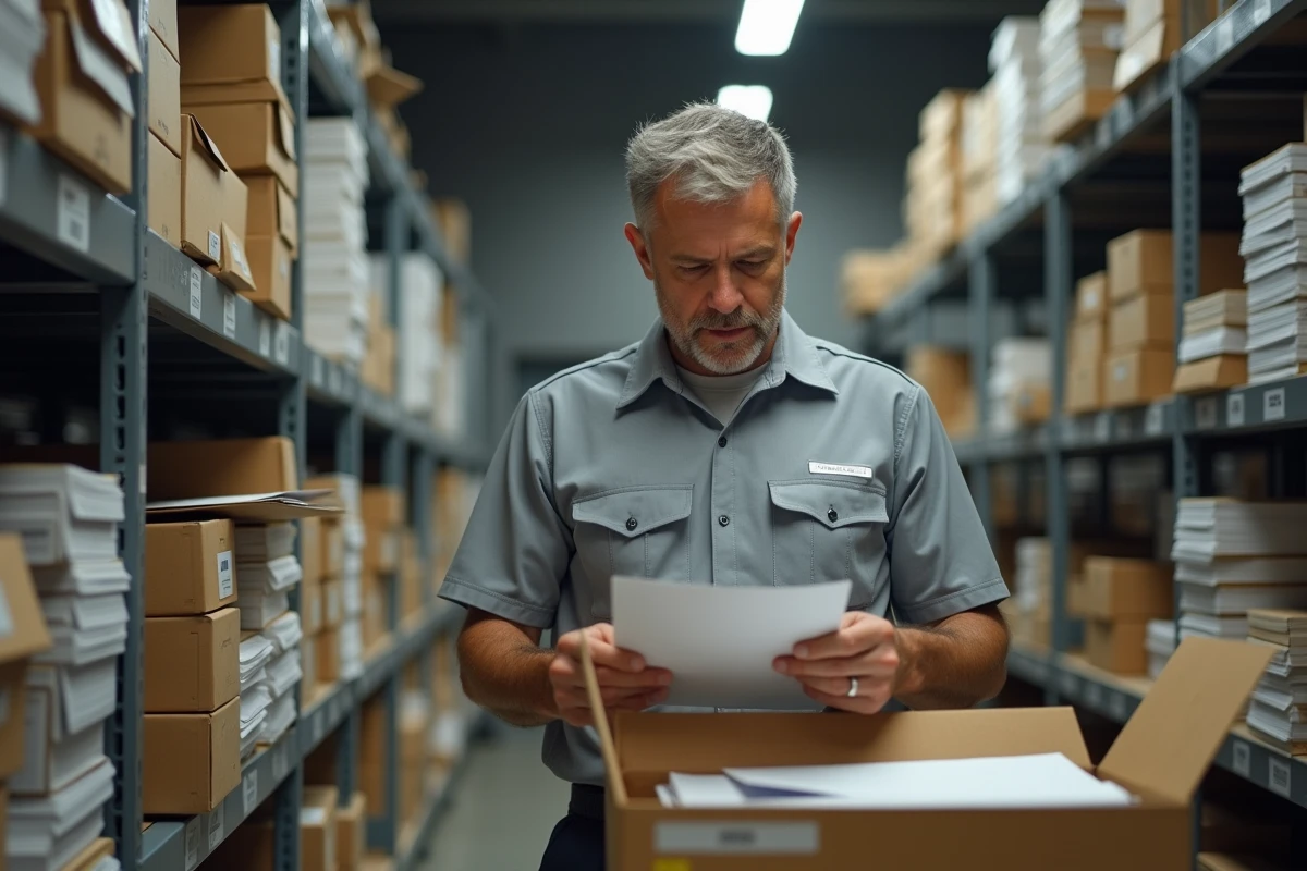 Facteur triant des courriers professionnels dans un bureau de poste en examinant le nom d'entreprise sur une enveloppe