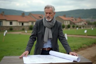 Urbaniste français en extérieur avec plans et village rural