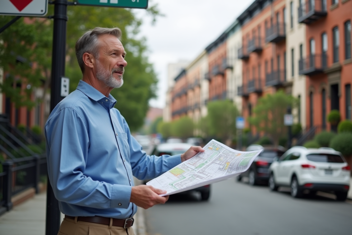 urbaniste-ville-moderne Urbaniste en extérieur devant un paysage urbain varié