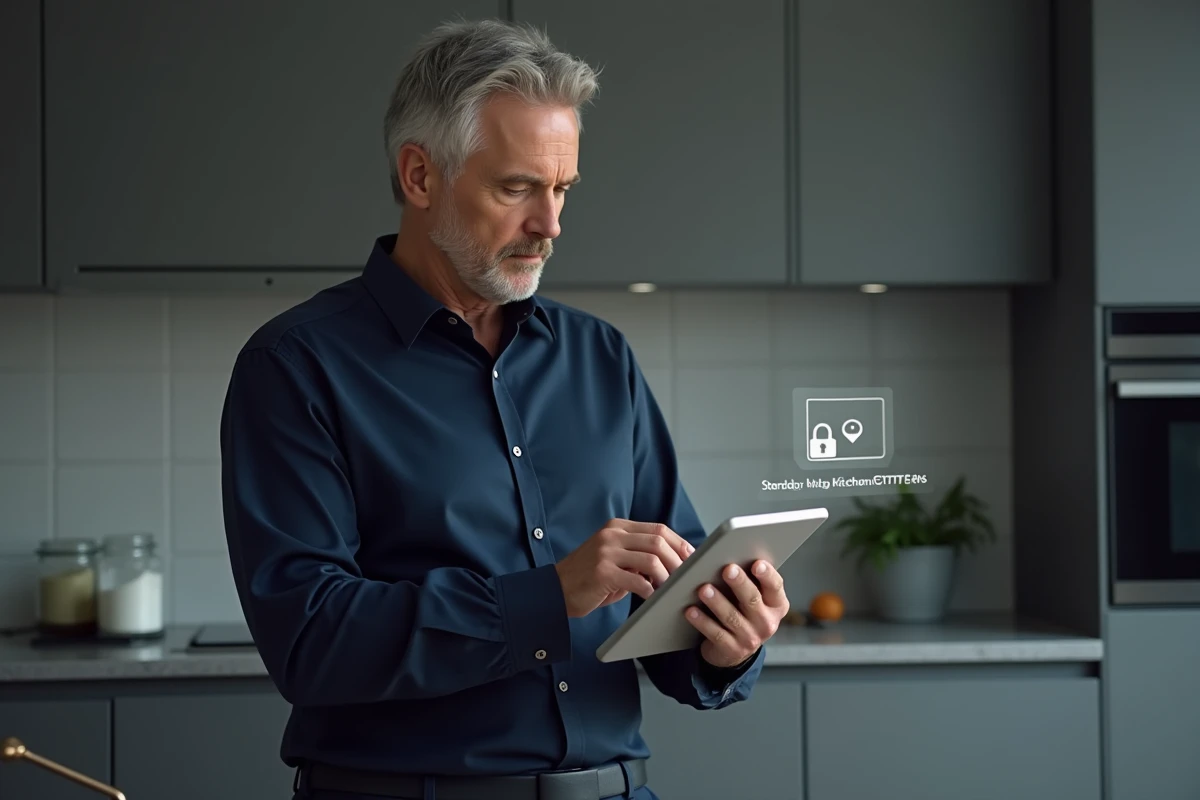 Homme consultant l'URL sécurisée d'un site de film sur une tablette dans une cuisine moderne