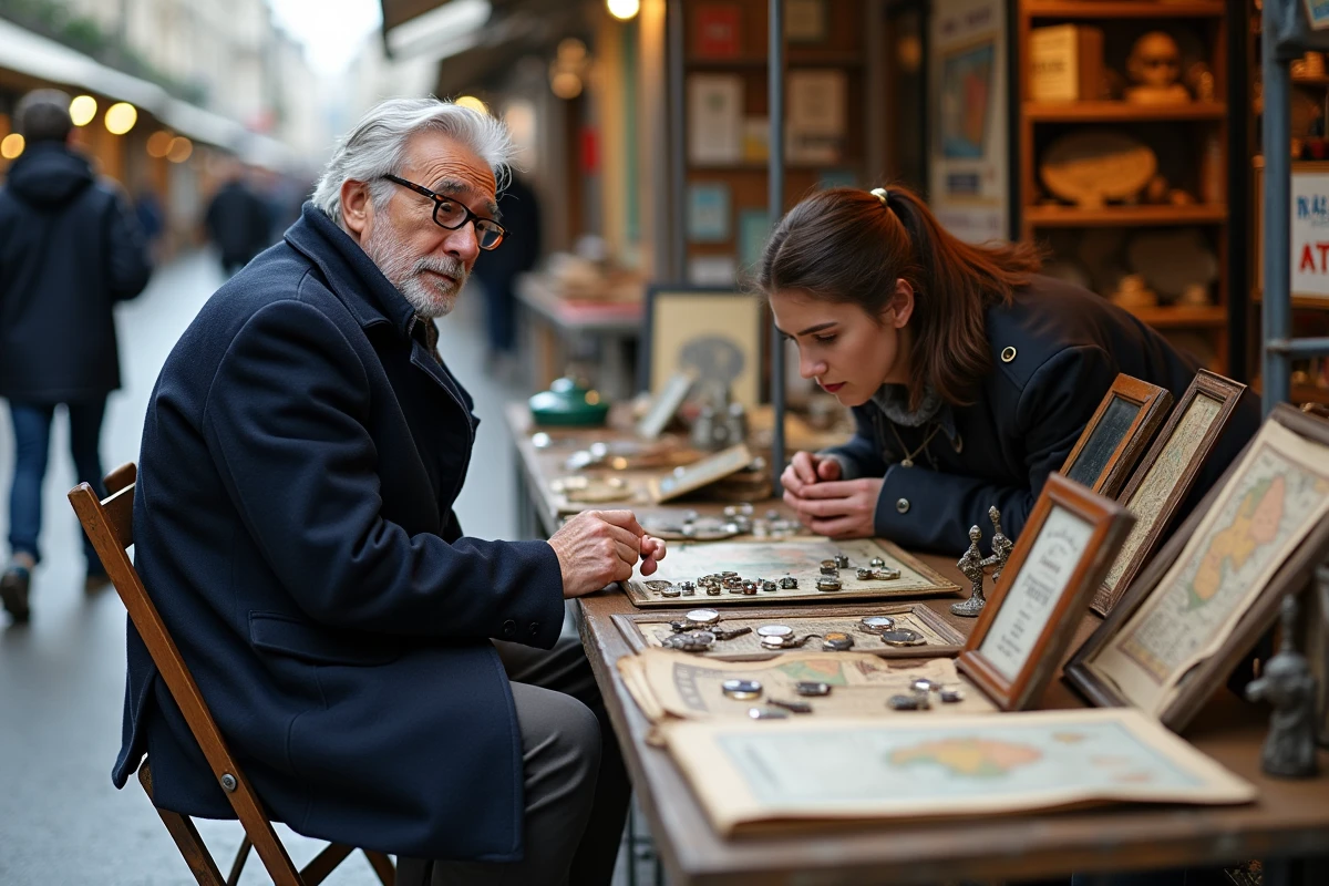 Vendeur des Puces de Vanves présentant des objets de collection à un acheteur curieux