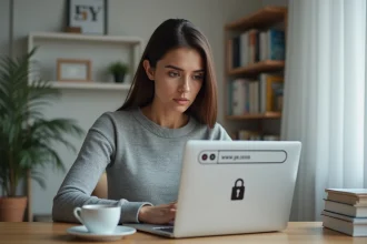 Femme vérifiant l'adresse sécurisée d'un site de streaming sur son ordinateur portable