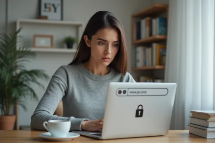 Femme vérifiant l'adresse sécurisée d'un site de streaming sur son ordinateur portable