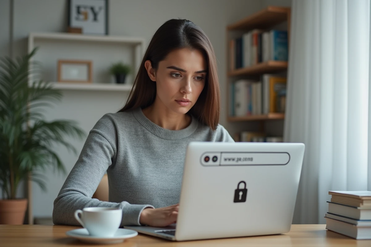 Femme vérifiant l'adresse sécurisée d'un site de streaming sur son ordinateur portable