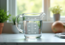Verre mesureur rempli d'eau sur une cuisine avec lumière naturelle