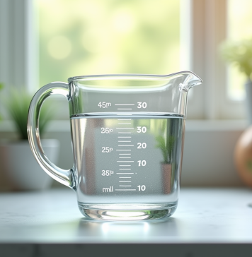 Verre mesureur rempli d'eau sur une cuisine avec lumière naturelle
