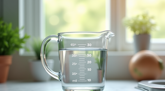Verre mesureur rempli d'eau sur une cuisine avec lumière naturelle