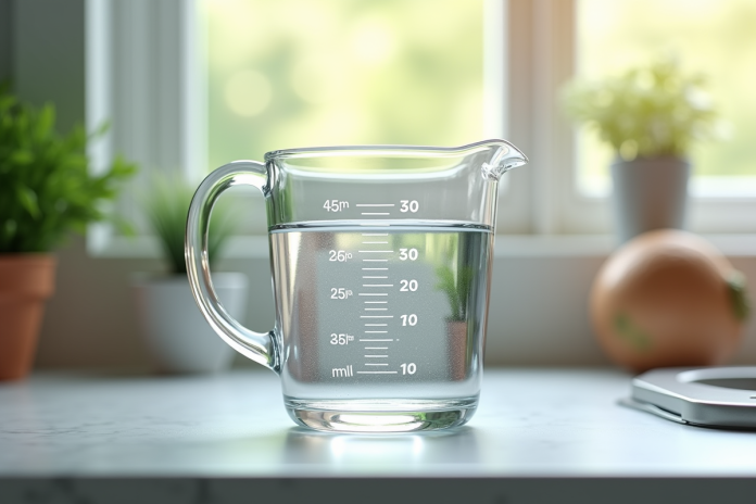 verre-mesure-eau-cuisine Verre mesureur rempli d'eau sur une cuisine avec lumière naturelle