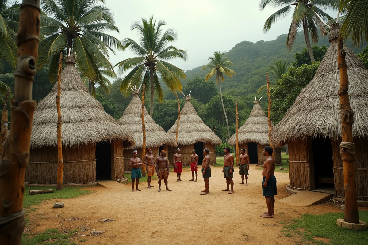 Village kanak traditionnel en Nouvelle-Calédonie avec cases à toit de chaume et flèches faîtières, représentant la vie communautaire mélanésienne au XIXe siècle