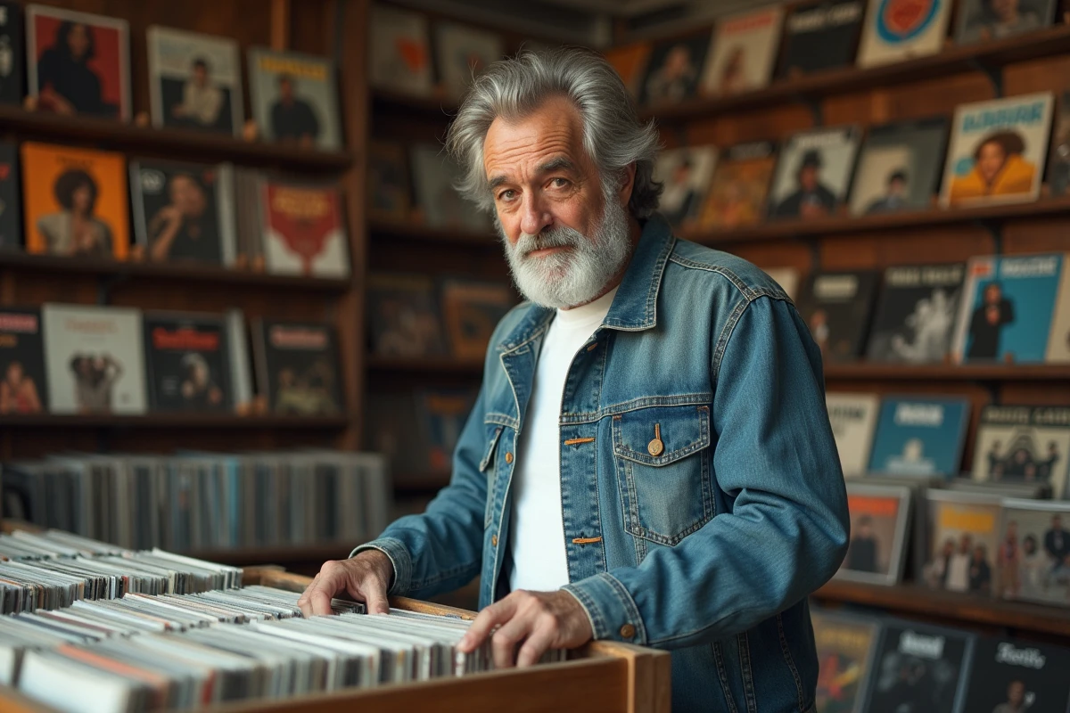 Homme parcourant des vinyles dans un magasin de disques rétro évoquant les chanteurs américains des années 70 et 80