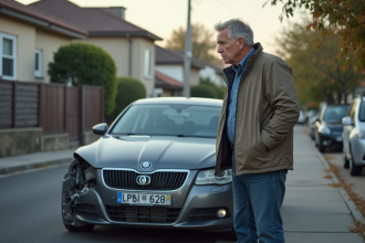 Homme regardant une voiture endommagee dans une rue tranquille